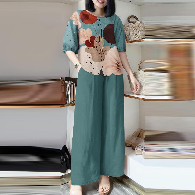 

ZANZEA Женские повседневные комплекты из блузки и брюк с принтом из двух предметов 5XL синий