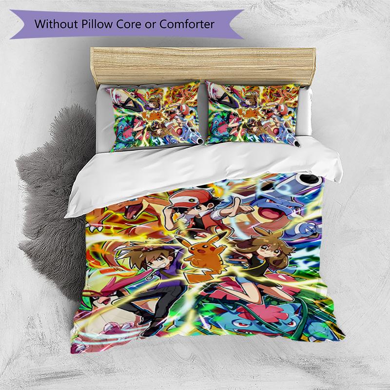Pokémon Pattern Printed 3PCS Bedding Set, Soft Skin-Friendly Washable Duvet Cover & Pillowcases Set
