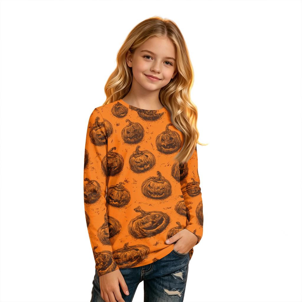 Kids Long Sleeve T-Shirt with Halloween Print, Round Neck, for Boys and Girls