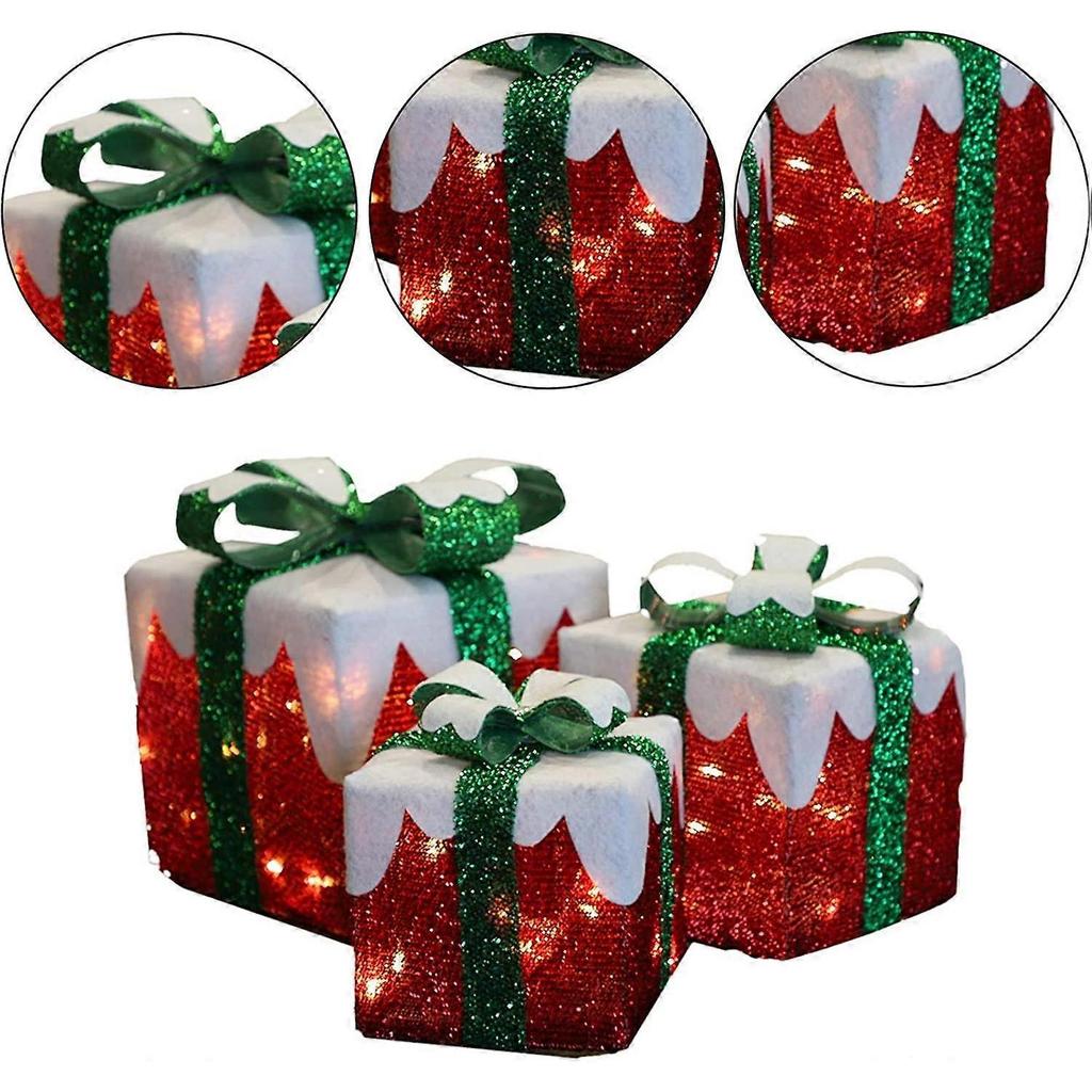 Set of 3 LED gift boxes with Green Bow Christmas gift boxes, party decorations