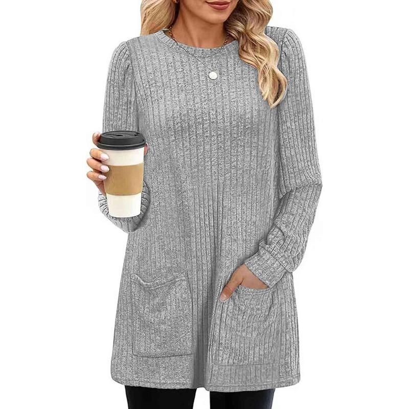 Women's Fall Winter Ribbed Long Sleeve Knit Tunic Crew Neck Solid Color with Pockets Casual Sweater