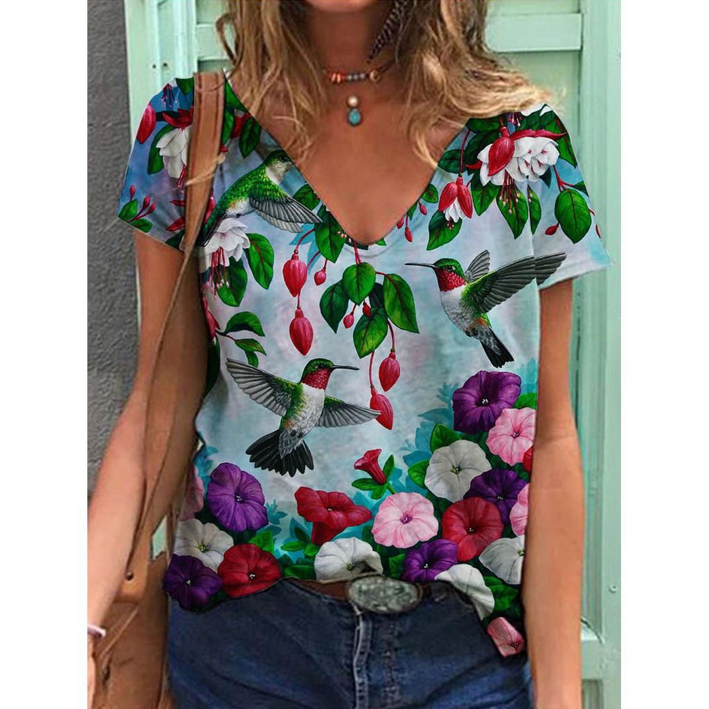 New 3D Printed Short Sleeved Women's Summer Casual Flower and Bird Print V-neck T-shirt