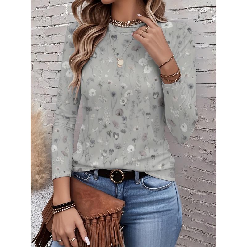 Women's long-sleeved T-shirt for autumn, small floral print, casual street style, round neck pullover, loose fit outdoor T-shirt