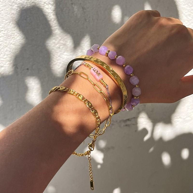 Stainless Steel Layered Bracelet With Amethyst Beads Spacer Balls Geometric Design Womens Fashion Jewelry