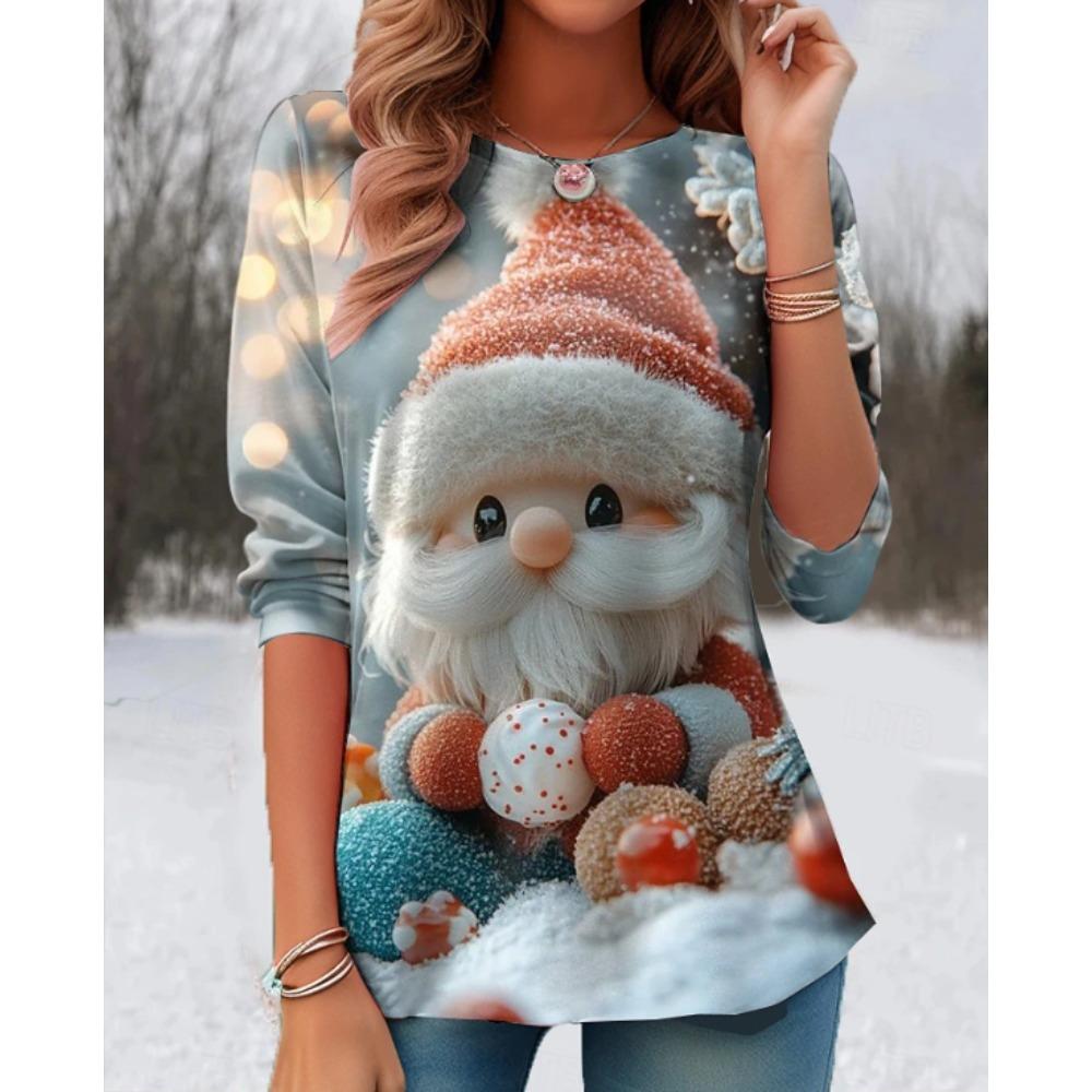 Tops for Women Christmas pattern Round Neck Long Sleeve T-shirt Fall Casual Slim Pullover Women's Long Sleeve Top