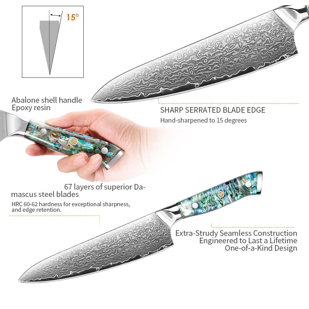 Professional Grade Kitchen Knife High-Class Chef's Knife Ergonomic Abalone Shell Handle Damascus Steel Chef Knives