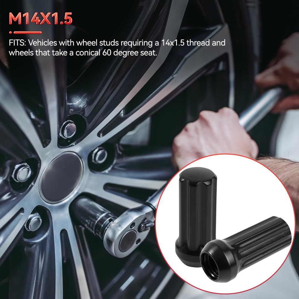 24x Sorte 2" Høje M14x1.5 Tuner Spline Hjulmøtrikker til Ford F150 GMC Sierra Ram 1500