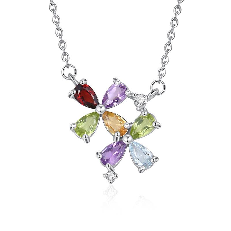 S925 Silver Flower Pendant Necklace, Natural Crystal Water Drop Clavicle Chain for Women