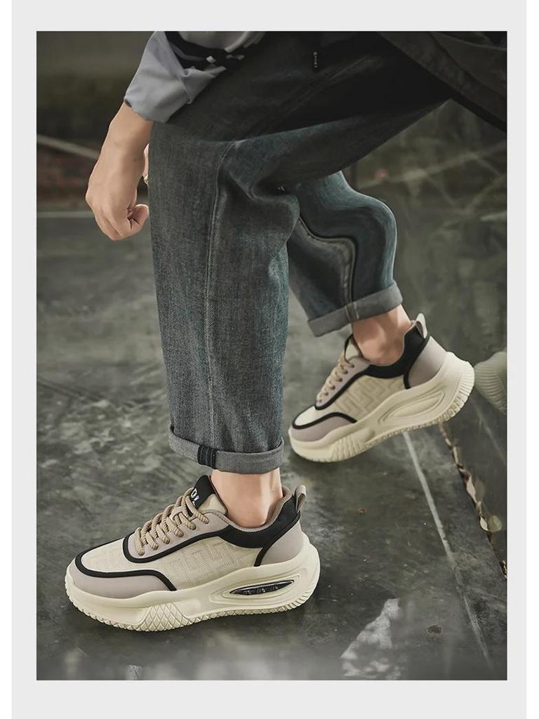 2024 Autumn Men's Leather Thick-Soled Dad Shoes with Air Cushion - Trendy Casual Sports Footwear