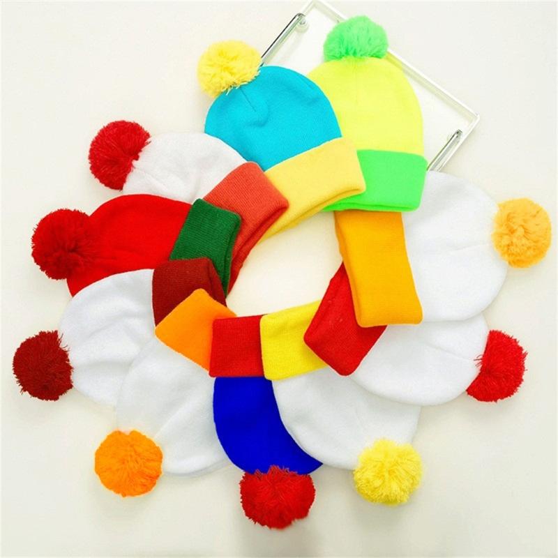 Soft Knitted Hat Color Contrast Stretchy Pullover Hat for Holiday Celebration Family Gathering Photography Pompoms Hat