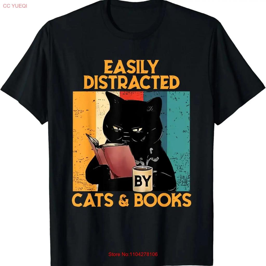 Black Cat Drink Coffee Easily Distracted By Cats And Books T Shirt vintage Washed designer clothes graphic Breathable Slightly