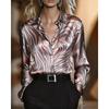 Nieuw Hoge-elasticiteit Bedrukt Luipaardprint Lente-herfst Casual Loszittend Dames Knoop-down Blouse