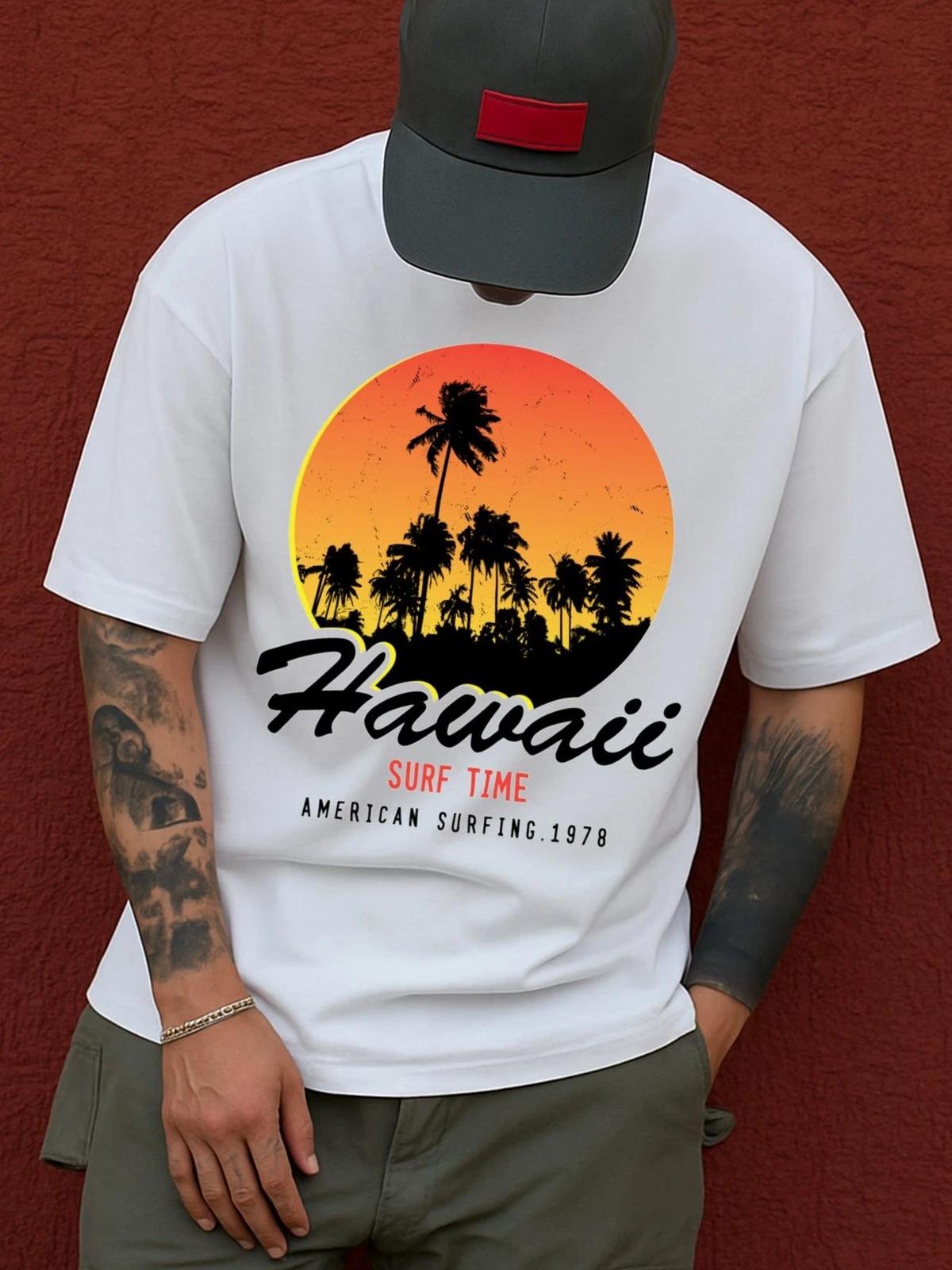 Vintage Hawaiian Surf Palm Tree Surfboard Graphic Men’s T-Shirt Beach Tee XXL