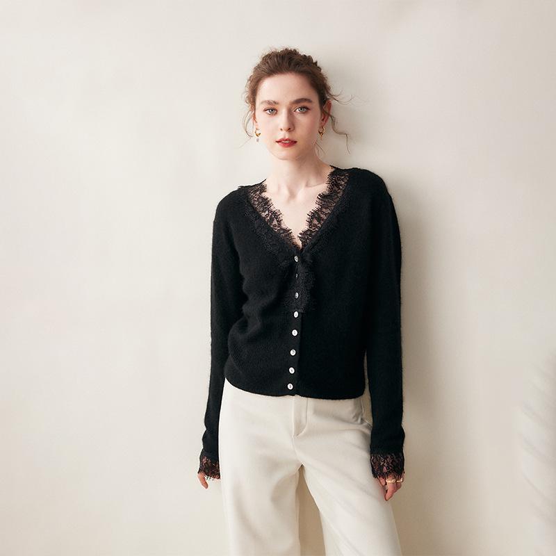 Women's V-Neck Cashmere Cardigan with Lace Trim - Short Knit Sweater Coat for Autumn/Winter