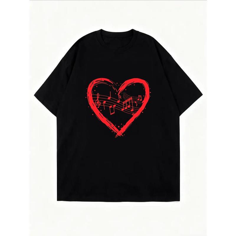 White T Shirt With Red Heart Music Notes Print For Casual Wear And Music Lovers