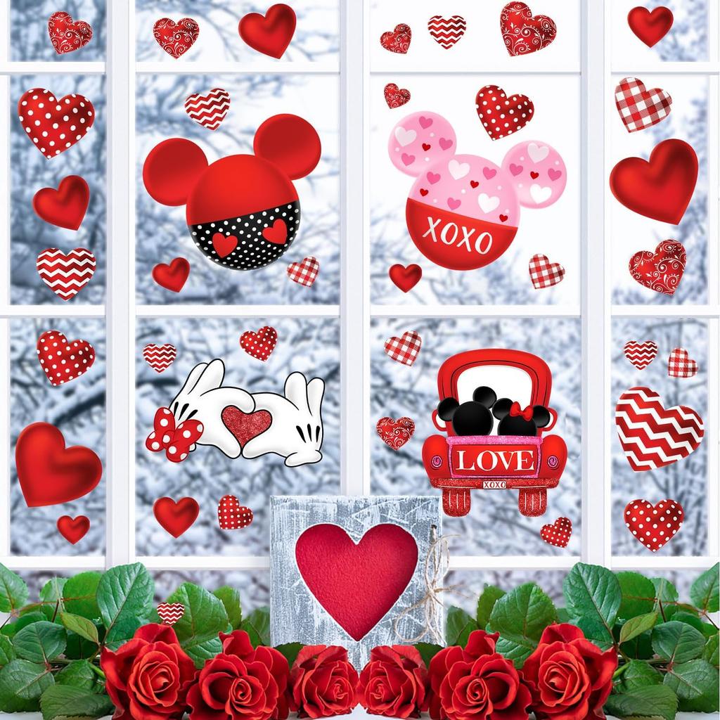 Red and Pink Valentine's Day Mouse Sticker Decals, 77pcs Reble Waterproof PVC Window Decorations for Home Party Supplies