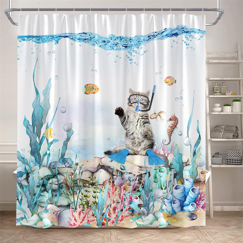 Funny Diving Cat Shower Curtain Whale Sea Turtle Seahorse Fish Coral Ocean Animals Underwater Scenery Children Bathroom Decor
