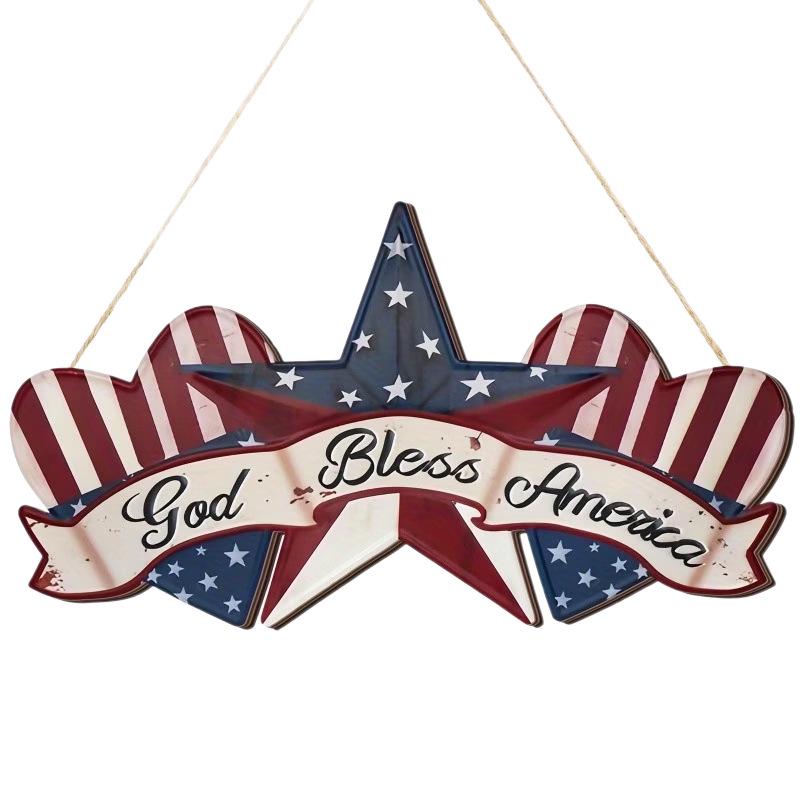 Patriotic Wooden Star Door Ornament - "God Bless America" Independence Day Decoration