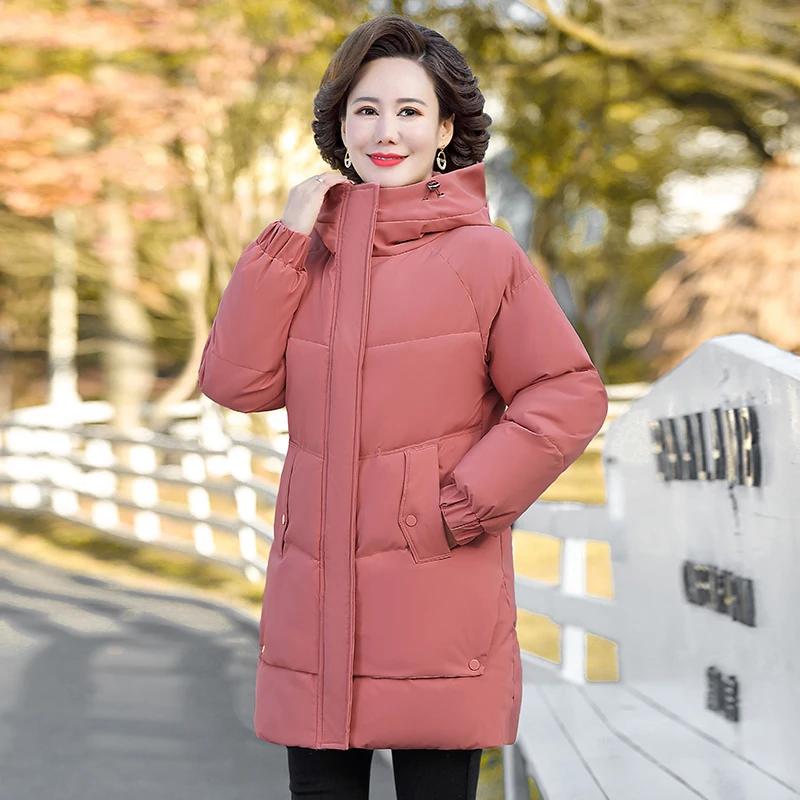 Winter Cotton Padded Jacket Hooded Fleece Thick Parkas Warm Loose Long Overcoat Middle Aged and Grandma Snow Coat