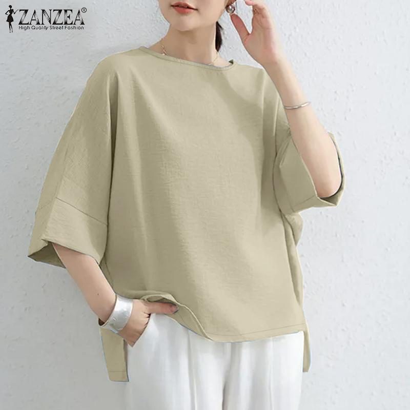 ZANZEA Women Casual Round Neck 3/4 Sleeve Solid Color Loose Blouse