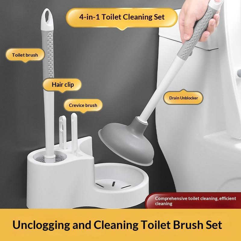 4 In 1 Bathroom Toilet Brush Set Wall Mounted Long Handle Toilet Plunger Holder Durable for Home Restroom Use
