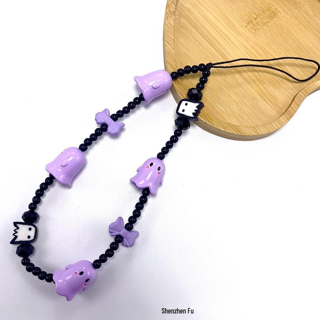 Ghostly Beaded Halloween Phone Charm with Bell Skull and Anti-Lost Pendant
