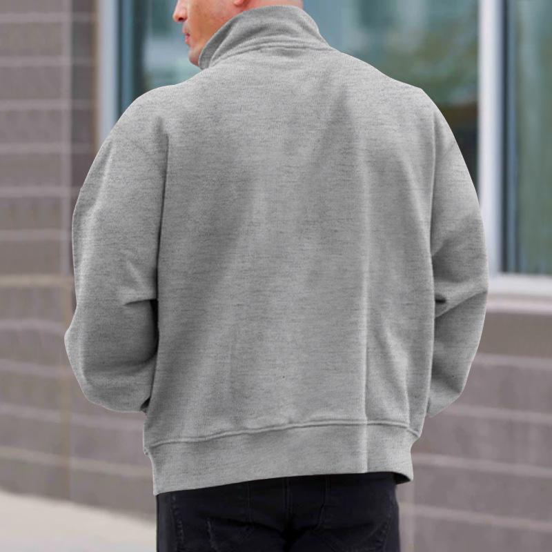 Mens Casual Solid Fleece Lined Long Sleeve Half Zip Stand Collar Polo Shirt