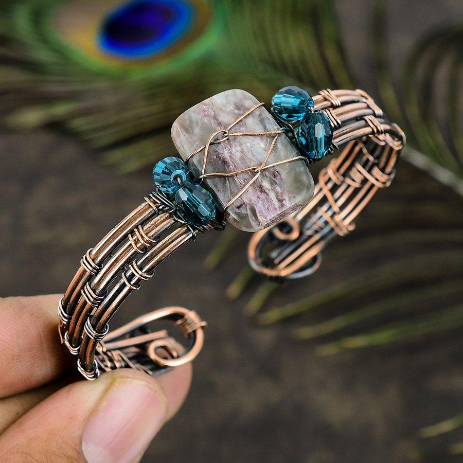 Natural Russian Charoite Gemstone Copper Wire Wrap Cuff Bangle Adjustable r9u23