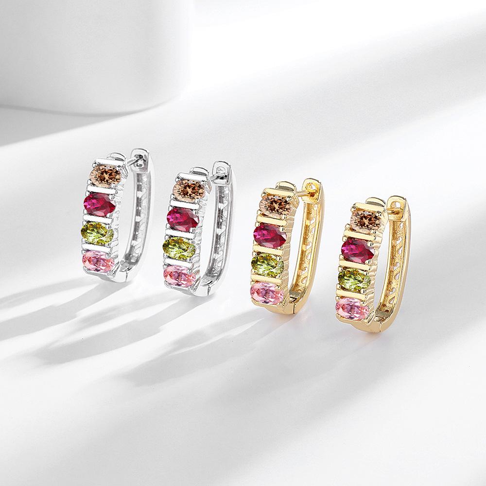 Cute Small Rainbow Oval Zircon Stone Hoop Earrings For Women Vintage Female Fashion Gold Color Wedding