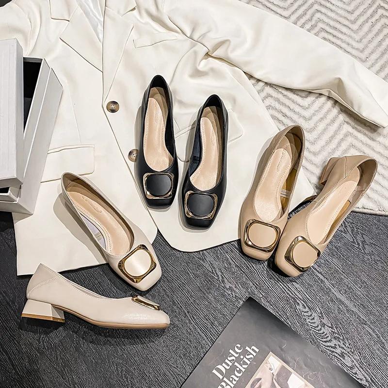 New Women Shoes Low Heels Pumps Fashion Leather High Heels Shoes Girl Chunky Heel Dress Shoes