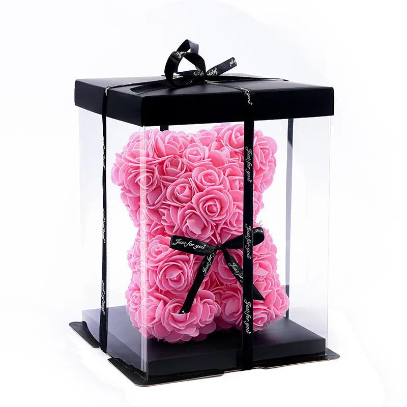 25cm Artificial Teddy Rose Flower Bear with Box Romantic Valentines Day Gift Girlfriend Women Anniversary Wedding Party Supplie
