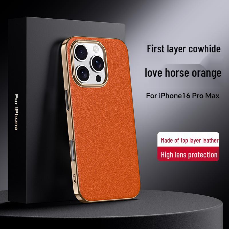 

Apple 16Pro Max Genuine Leather Phone Case for iPhone 15 with Metal Lens & Electroplated High-End Protective Cover 15Pro Max
