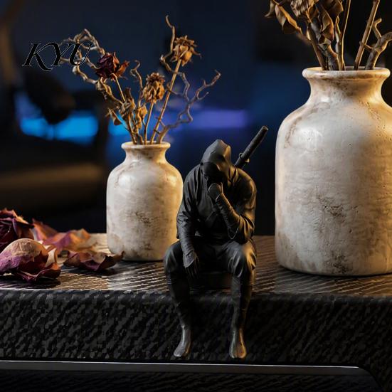 Ninja Shelf Decor 3D Printed Sitting Figurine, Thinking Dark Sitter, Sitter Masked Samurai Ornament for Home Office Bookshelf Table Decoration