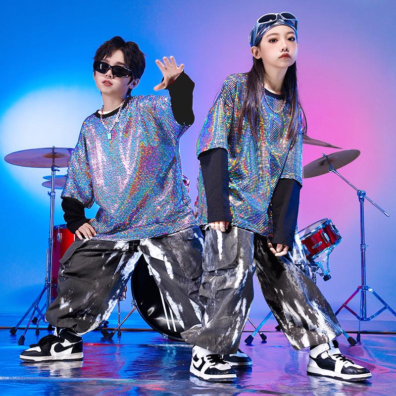Kids' New Year's Stage Costumes: Sequined Drum Performance Outfits, Boys' Street Dance Wear, Girls' Hip-Hop Catwalk Fashion