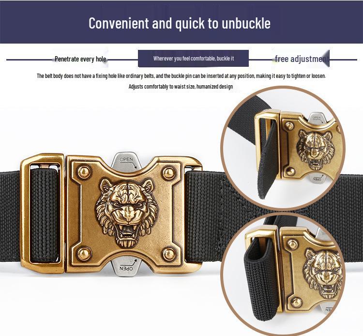 Men's Business Casual Tactical Belt with Tiger Head Buckle - Customizable Logo, Light Luxury Design.