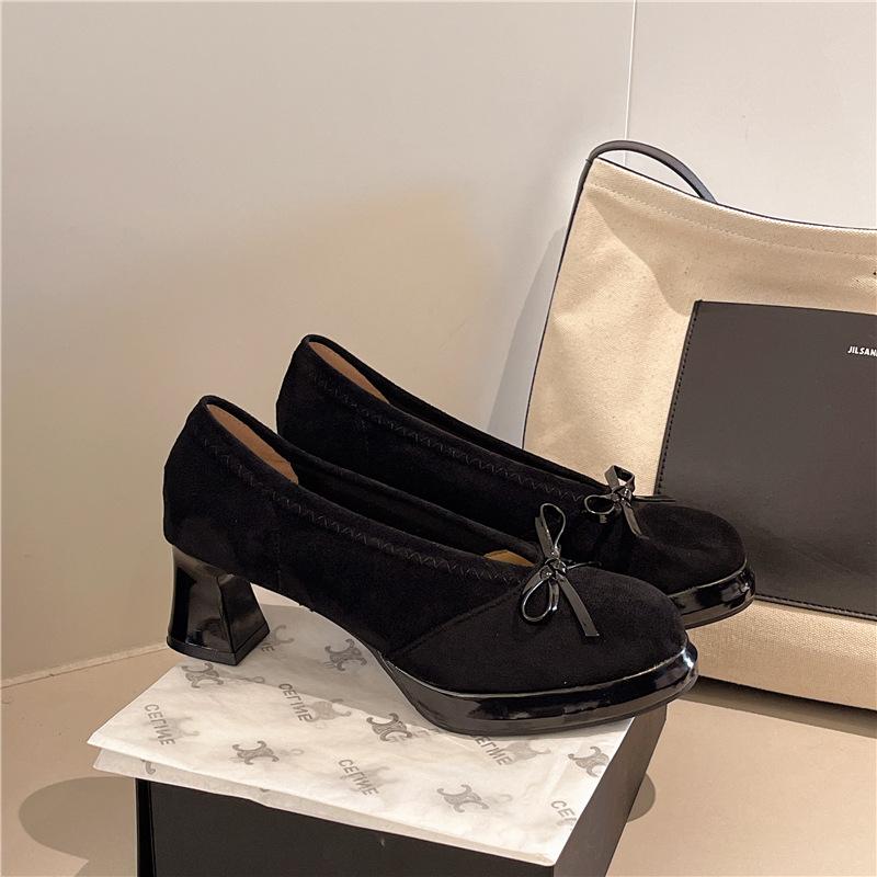 Vintage Maillard Bow Mary Jane Single Shoes Women's 2025 New Small Round Head Thick Heel Temperament High Heels