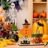 Halloween Wooden Table Sign, Spooky Skeleton Pumpkin Bat Ghost Centerpiece Sign for Home, Shelf, Desk, Mantel, Tabletop, Tiered Tray, Party Decor
