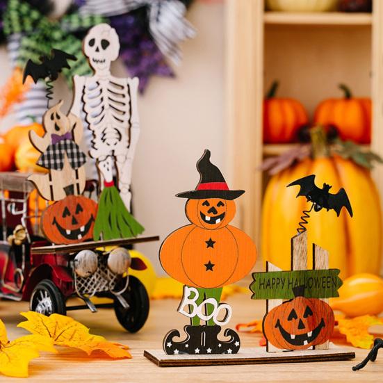 Halloween Wooden Table Sign, Spooky Skeleton Pumpkin Bat Ghost Centerpiece Sign for Home, Shelf, Desk, Mantel, Tabletop, Tiered Tray, Party Decor