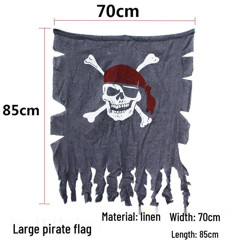 Pirate Costume Accessories: Skull Eye Patch, Hat, Hook, Flag, Telescope, Knife, and Gun for Halloween.