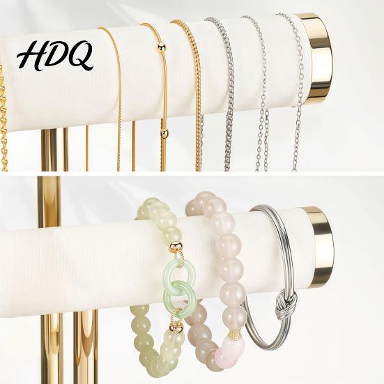 Desktop Jewelry Holder 3 Tier Velvet Organizer, T-shaped for Bracelet, Display Rack Necklaces Rings, & Earrings, Stand with Storage Tray Organizer