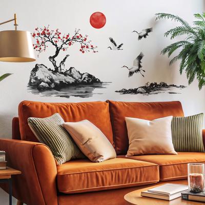 2 Pezzi Adesivi Murali Decorativi in Stile Cinese Fiori di Pruno Tramonto Camera da Letto Soggiorno Casa Sfondo Abbellimento