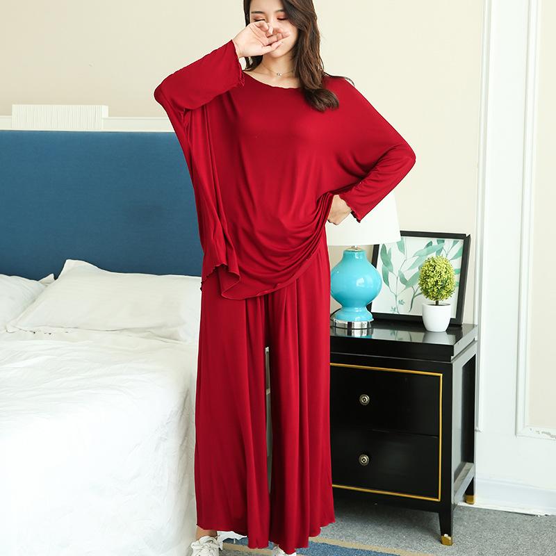 Home Suits Women Autumn New Loose Long-sleeved Pajamas Two-piece Set Nine-point Wide Leg Pants Pijama Sleepwear Femme