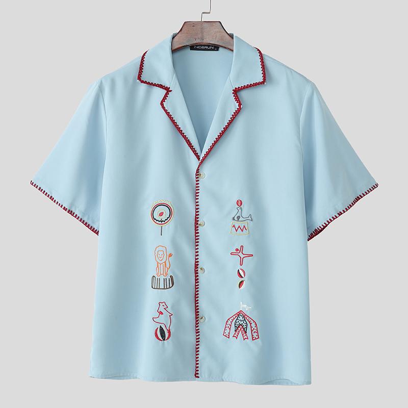 

INCERUN Summer Men Lapel Embroidery Buttons Up Casual Holiday Shirts