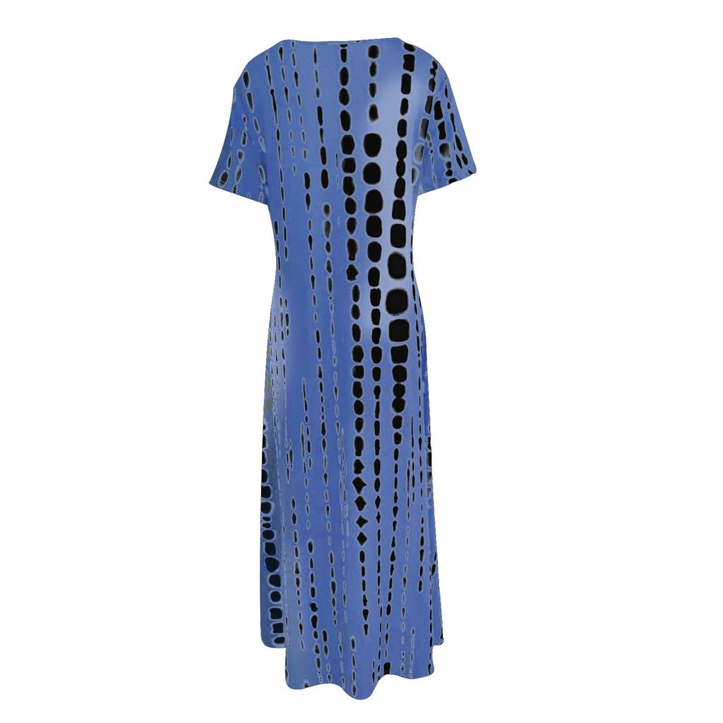 Women's Casual Loose Round Neck Short Sleeve Tie- Printed Long Hem Dress