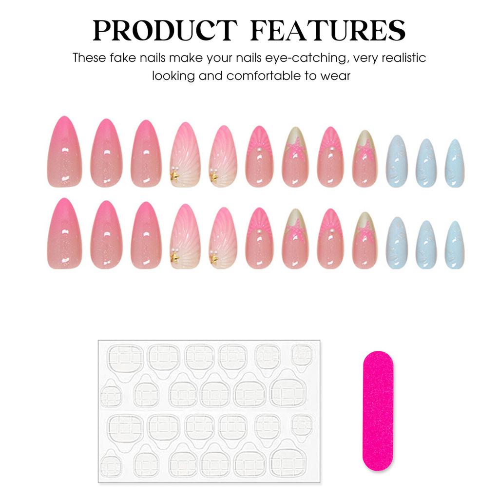 Almond Shape Short Press on Nails With Sea Star Pattern Short Sweet Stick on Nails for Stage Performance Wear