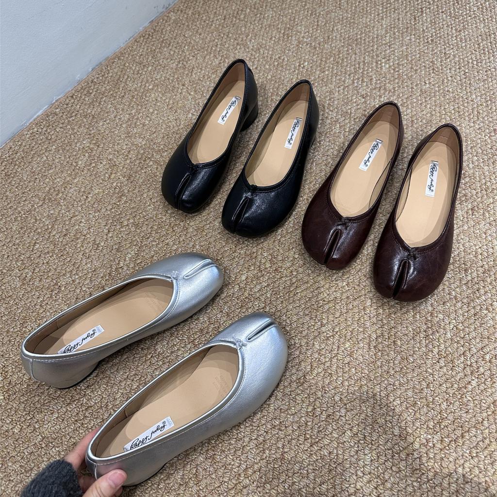 Fashion Bailamos Autumn Women Flat Shoes Shallow Soft Leather Casual Outdoor Mary Jane Shoes Fashion Split Toe Flat Heel Laofer Shoes