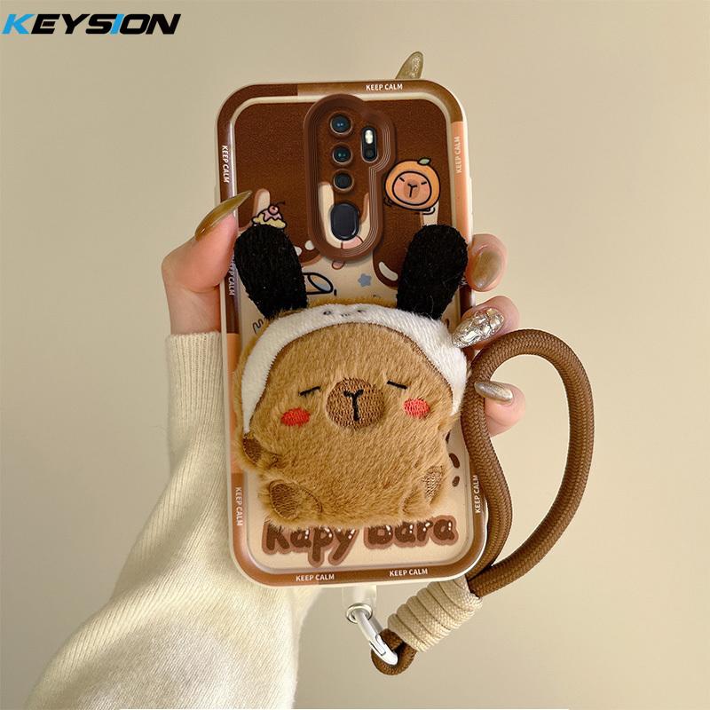 KEYSION Cute 3D Cartoon Plush Case for OPPO A9 2020 with Lanyard Soft Silicone Shockproof Phone Cover for OPPO A5 A9 2020