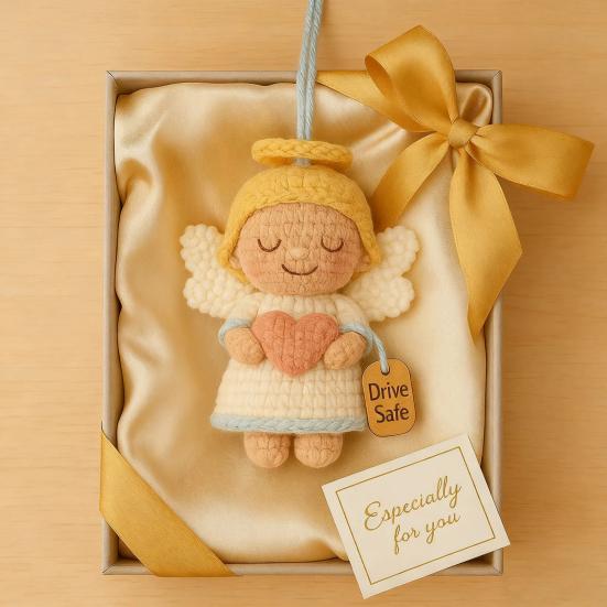 Crochet Angel Car Charm Handmade Knitting Angel Car Rear Mirror Hanging Accessories with Drive Safe Tag New Driver Blessing Present