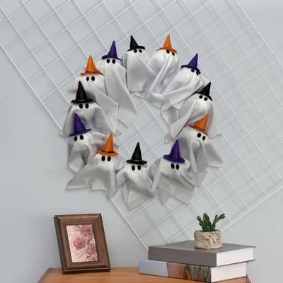 Yousheng Halloween Ghost Wreath 12 White Ghost Wreath with Witch Hat DIY Front Door Hanging Decoration for Indoor Outdoor Wall Window Porch Patio