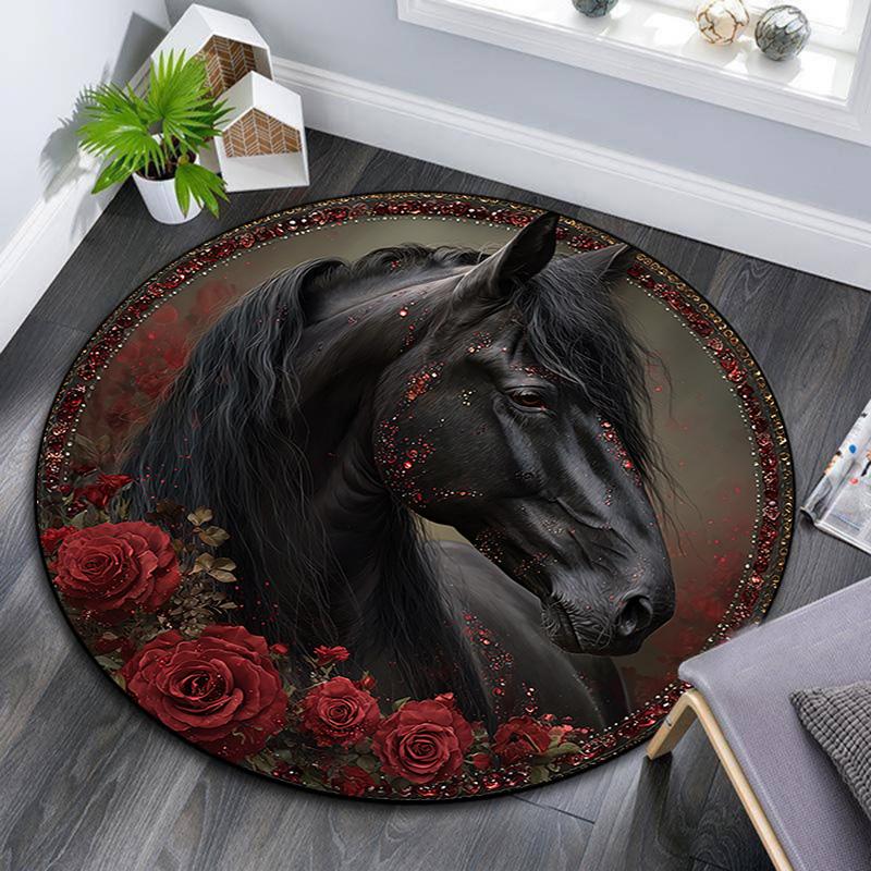 Schwarzes Pferd Runder Teppich, Teppich für Wohnzimmer Schlafzimmer Sofa Spielzimmer Dekor, Rutschfeste Fußmatte